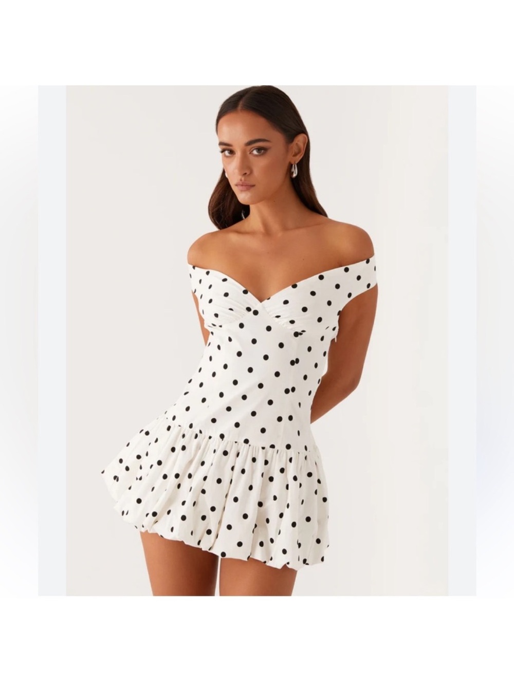 Peppermayo White and Black Polka Dot Off-Shoulder Mini Dress